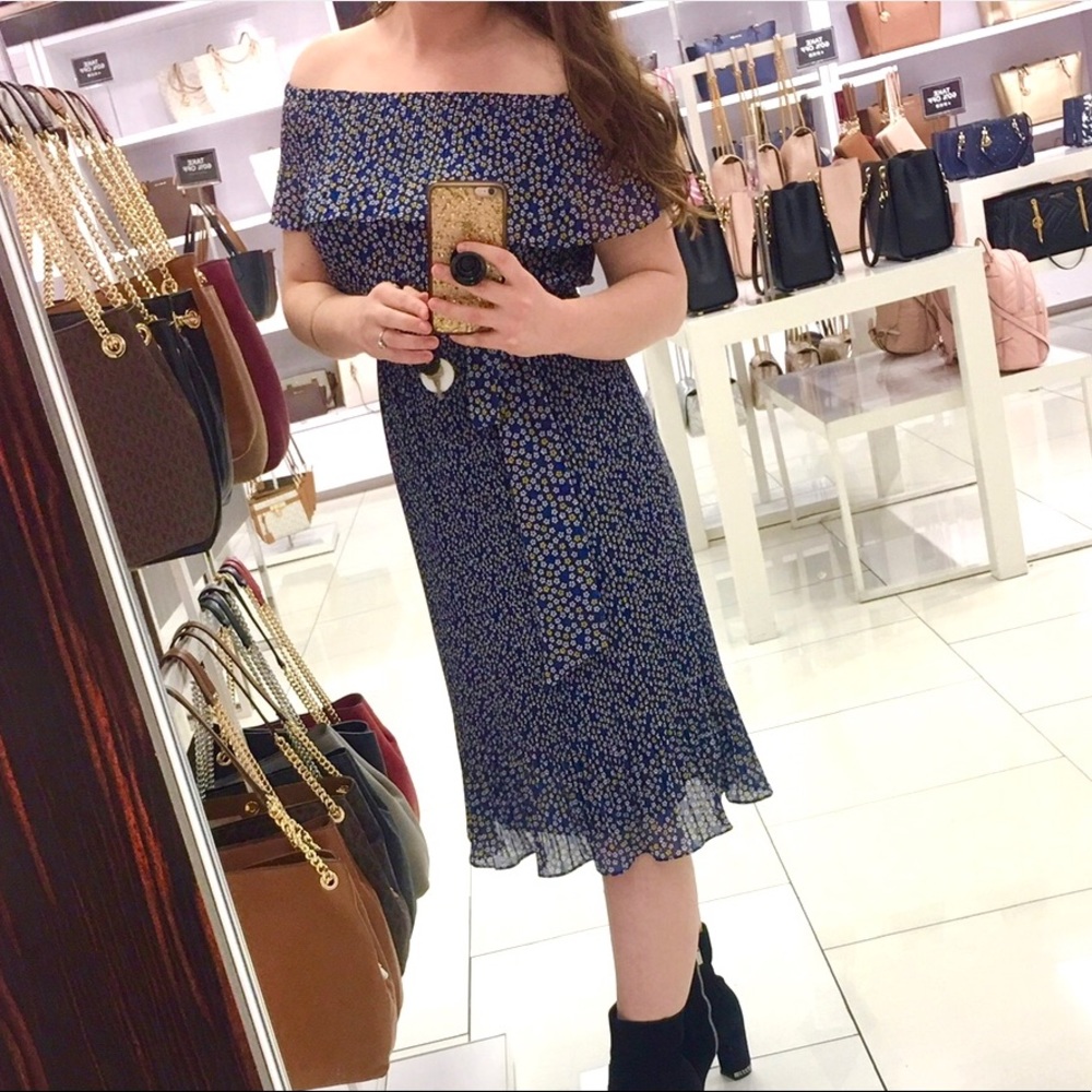 Michael Kors Accordion Off-Shoulder Midi Dress